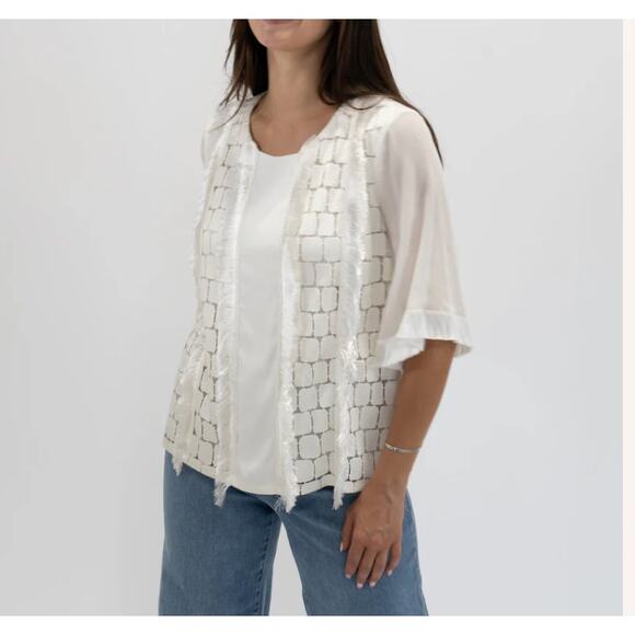 Alexis Jacket Womens Medium White Sheer Sleeve Embroidered Fringe Boho Indie - Picture 1 of 8